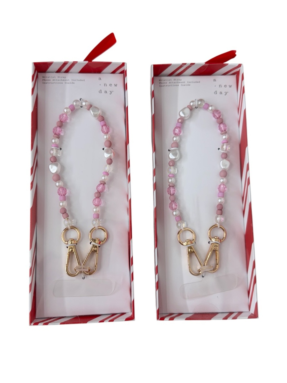 A New Day Matching Set Beaded Phone Wristlet Pink White Clear Gold Clip On Nib